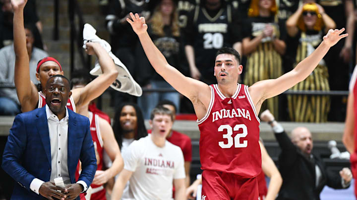 Indiana guard Trey Galloway (32) celebrates during a timeout at Purdue on Jan. 31. Indiana guard Trey Galloway (32) celebrates during a timeout at Purdue on Jan. 31.