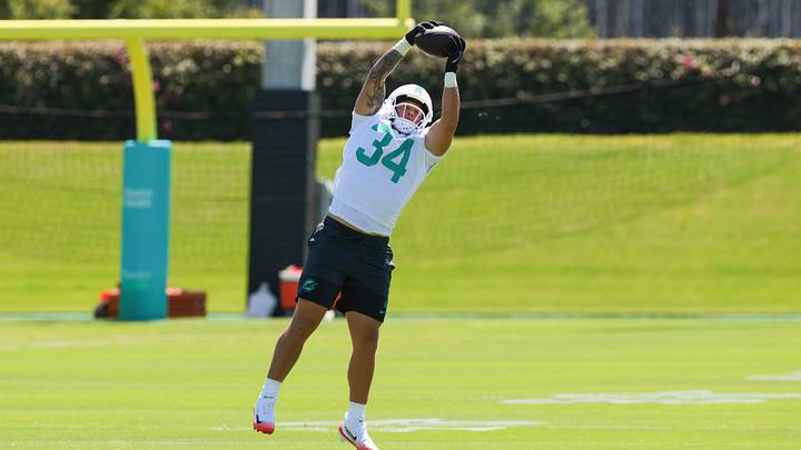 Miami Dolphins fullback DJ Herman works during rookie minicamp at the Baptist Health Training Complex. Miami Dolphins fullback DJ Herman works during rookie minicamp at the Baptist Health Training Complex.