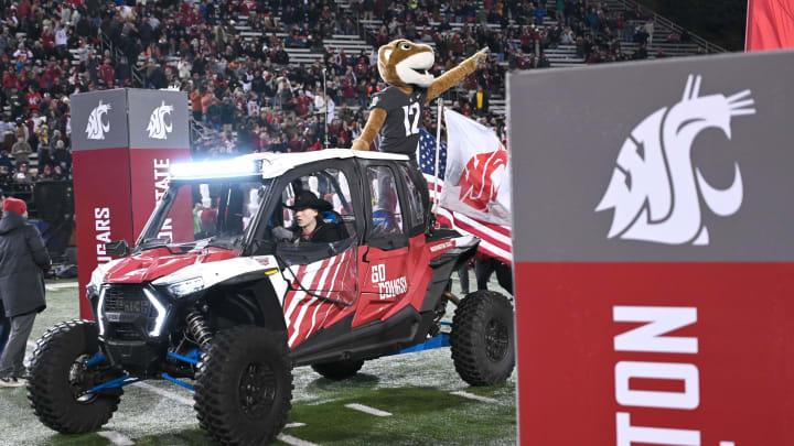 Nov 17, 2023; Pullman, Washington, USA; Washington State Cougars mascot, Butch, at Gesa Field at Martin Stadium. Mandatory Credit: James Snook-USA TODAY Sports