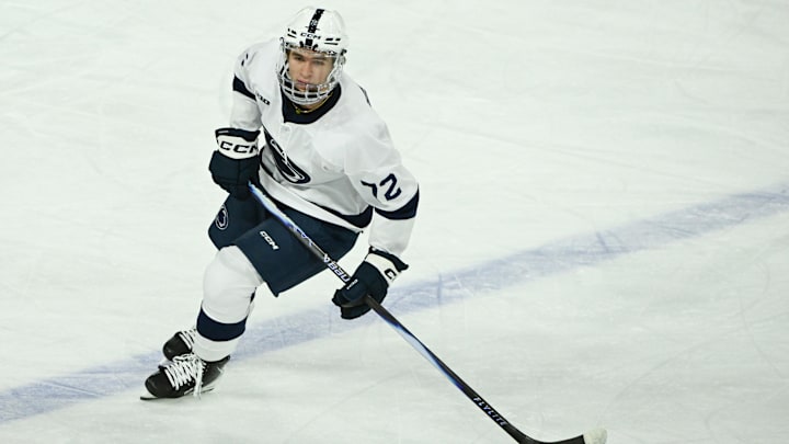 Penn State Nittany Lions forward Gavin McKenna (72) skates against the Clarkson Golden Knights in the first period of a game at Pegula Ice Arena.