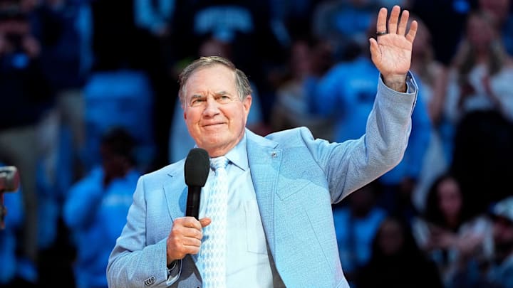 Dec 14, 2024; Chapel Hill, North Carolina, USA; North Carolina Tar Heels head football coach Bill Belichick during half time at Dean E. Smith Center. Mandatory Credit: Bob Donnan-Imagn Images Dec 14, 2024; Chapel Hill, North Carolina, USA; North Carolina Tar Heels head football coach Bill Belichick during half time at Dean E. Smith Center. Mandatory Credit: Bob Donnan-Imagn Images