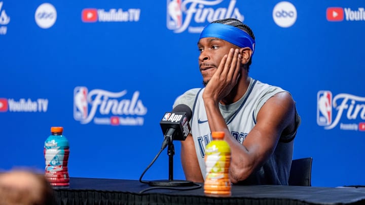 Oklahoma City guard Shai Gilgeous-Alexander (2) speaks at a press conference during an NBA Finals practice session ahead of Game 2 at Paycom Center Oklahoma City, on Saturday, June 7, 2025.