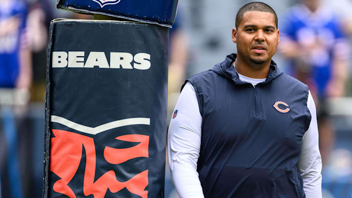 Chicago Bears general manager Ryan Poles looks on before a game against the Buffalo Bills at Soldier Field.