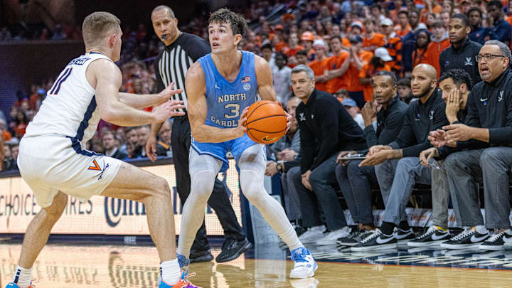 Feb 24, 2024; Charlottesville, Virginia, USA; North Carolina Tar Heels guard Cormac Ryan (3) looks