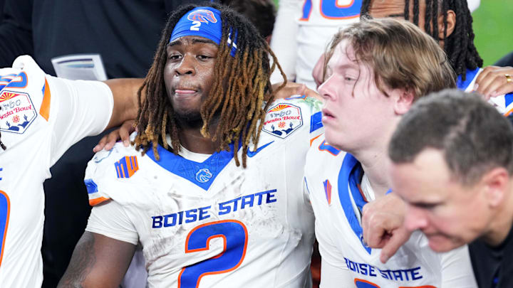 Dec 31, 2024; Glendale, AZ, USA;  Boise State Broncos running back Ashton Jeanty (2) reacts after the Fiesta Bowl at State Farm Stadium. Mandatory Credit: Joe Camporeale-Imagn Images