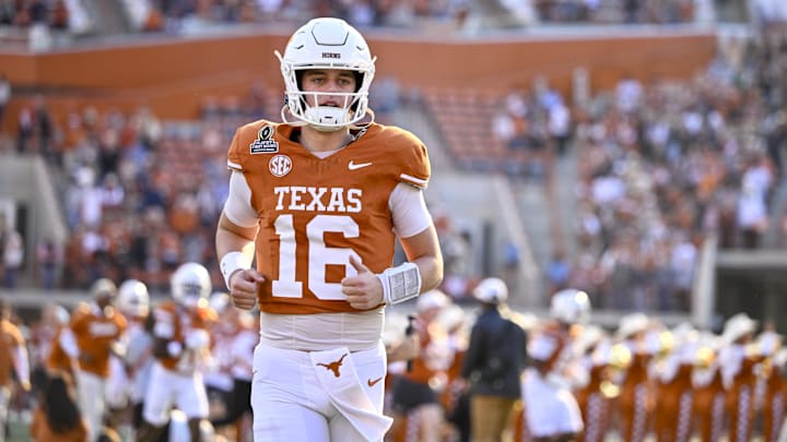Texas Longhorns quarterback Arch Manning takes the field before the game against the Clemson Tigers.