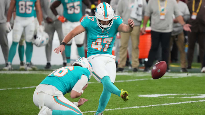 Miami Dolphins kicker Riley Patterson (47) makes a field goal against the Washington Commanders in overtime during the 2025 NFL Madrid Game at Santiago Bernabeu Stadium in November 2025.