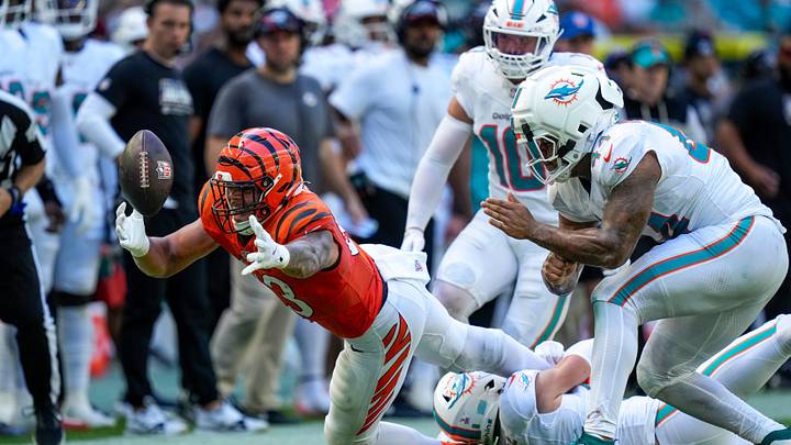 Cincinnati Bengals tight end Erick All (83) fumbles a catch as he is brought down in the second quarter of the NFL Week 5 game between the Miami Dolphins and the Cincinnati Bengals at Hard Rock Stadium in Miami Gardens, Florida, on Sunday, Oct. 11, 2026. Cincinnati Bengals tight end Erick All (83) fumbles a catch as he is brought down in the second quarter of the NFL Week 5 game between the Miami Dolphins and the Cincinnati Bengals at Hard Rock Stadium in Miami Gardens, Florida, on Sunday, Oct. 11, 2026.