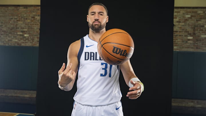 Dallas Mavericks guard Klay Thompson (31) poses for a photo during the Mavericks 2025 media day at the American Airlines Center. Dallas Mavericks guard Klay Thompson (31) poses for a photo during the Mavericks 2025 media day at the American Airlines Center.