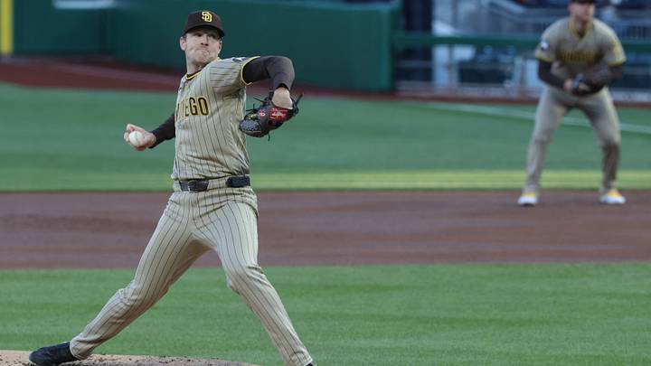 Apr 7, 2026; Pittsburgh, Pennsylvania, USA; San Diego Padres starting pitcher Nick Pivetta (27) delivers a pitch against the Pittsburgh Pirates during the first inning at PNC Park. Mandatory Credit: Charles LeClaire-Imagn Images Apr 7, 2026; Pittsburgh, Pennsylvania, USA; San Diego Padres starting pitcher Nick Pivetta (27) delivers a pitch against the Pittsburgh Pirates during the first inning at PNC Park. Mandatory Credit: Charles LeClaire-Imagn Images