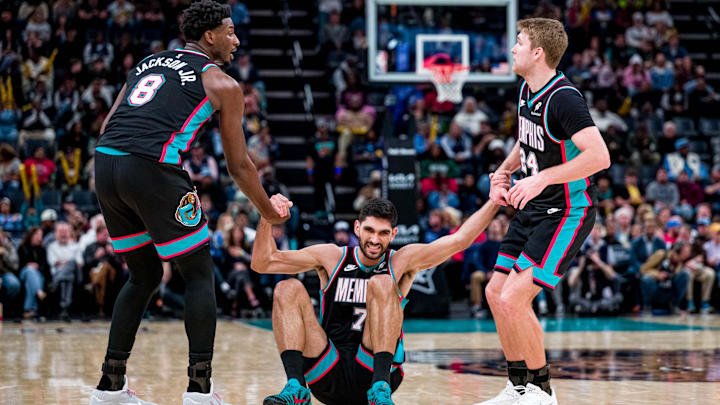 Memphis Grizzlies forward Santi Aldama started in Zach Edey's place and finished with a team-high 22 points, but although Jaren Jackson Jr. (8) and Cam Spencer (24) are helping him get up here, there wasn't enough defense played to avoid an upset loss to Utah. Memphis Grizzlies forward Santi Aldama started in Zach Edey's place and finished with a team-high 22 points, but although Jaren Jackson Jr. (8) and Cam Spencer (24) are helping him get up here, there wasn't enough defense played to avoid an upset loss to Utah.