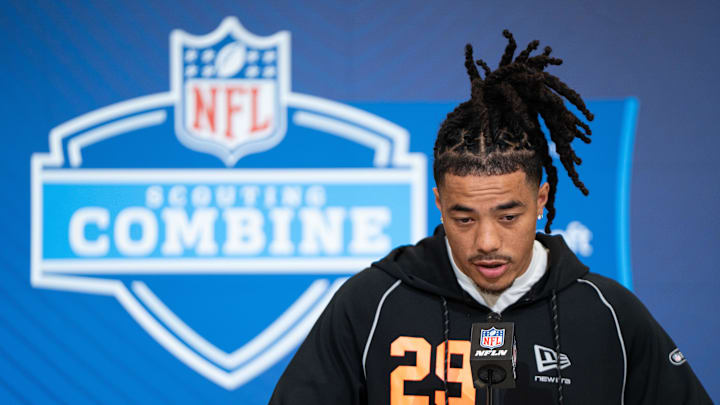Feb 27, 2026; Indianapolis, IN, USA; Southern California wideout Makai Lemon (WO29) speaks to members of the media during the NFL Combine at the Indiana Convention Center. 