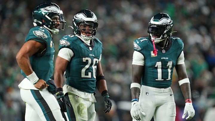 Jalen Hurts (L), Saquon Barkley (C), A.J. Brown (R) - Philadelphia Eagles