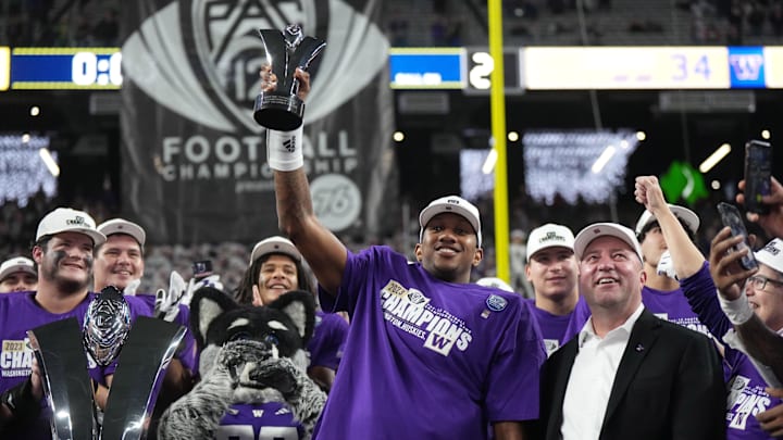 Dec 1, 2023; Las Vegas, NV, USA; Washington Huskies quarterback Michael Penix Jr. (9) holds the the