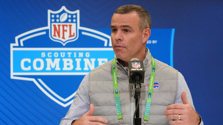 Buffalo Bills general manager Brandon Beane speaks during the NFL Scouting Combine Buffalo Bills general manager Brandon Beane speaks during the NFL Scouting Combine