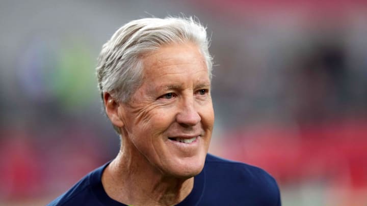 Jan 7, 2024; Glendale, Arizona, USA; Seattle Seahawks head coach Pete Carroll looks on prior to facing the against the Arizona Cardinals at State Farm Stadium. Mandatory Credit: Joe Camporeale-Imagn Images