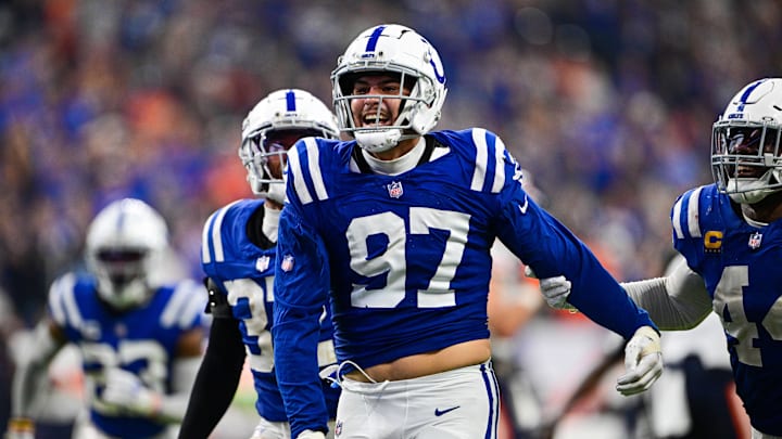 Sep 22, 2024; Indianapolis, Indiana, USA; Indianapolis Colts defensive end Laiatu Latu (97) celebrates a sack during the second half against the Chicago Bears at Lucas Oil Stadium. 