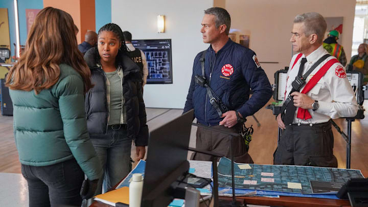 CHICAGO P.D. -- "In The Trenches: Part III" Episode 12014 -- Pictured: (l-r) Toya Turner as Kiana Cook, Taylor Kinney as Kelly Severide, Dermot Mulroney as Chief Dom Pascal -- (Photo by: Elizabeth Sisson/NBC)