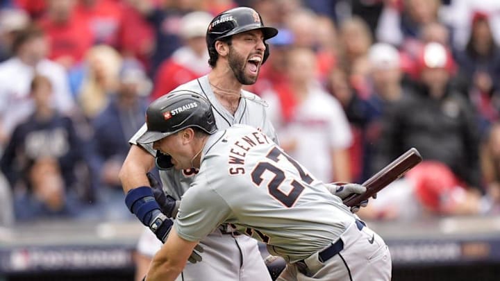 Tigers shortstop Trey Sweeney celebrates scoring a run against Guardians with Matt Vierling during 5th inning at Game 5 of ALDS at Progressive Field in Cleveland, Ohio on Saturday, Oct. 12, 2024. Tigers shortstop Trey Sweeney celebrates scoring a run against Guardians with Matt Vierling during 5th inning at Game 5 of ALDS at Progressive Field in Cleveland, Ohio on Saturday, Oct. 12, 2024.