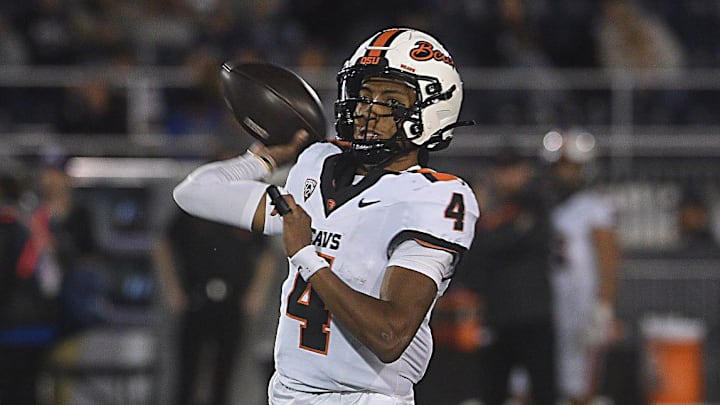 Oregon State’s Gevani McCoy looks to pass against Nevada at Mackay Stadium in Reno on Oct. 12, 2024.