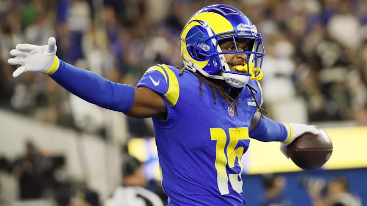 Rams wide receiver Demarcus Robinson celebrates after scoring a touchdown against the New Orleans Saints at SoFi Stadium in December. (Allen J. Schaben / Los Angeles Times)