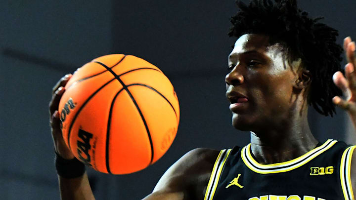 Michigan freshman guard LJ Cason snatches a rebound against Virginia Tech on Nov. 27, 2024 at the Fort Myers Tip-off at the Suncoast Credit Union Arena. Cason finished with seven points.