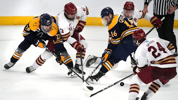 NCAA Regional Hockey Final at the AMP between the Quinnipiac Bobcats and the Boston College Eagles on March 31, 2024. NCAA Regional Hockey Final at the AMP between the Quinnipiac Bobcats and the Boston College Eagles on March 31, 2024.