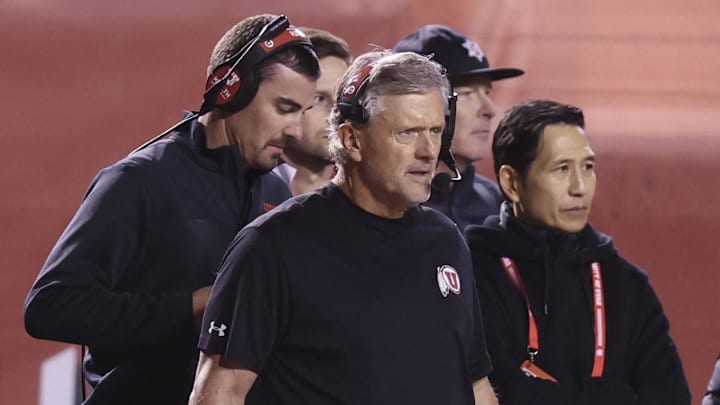 Utah Utes head coach Kyle Whittingham watches play against the Cincinnati Bearcats during the second half at Rice-Eccles Stadium. Utah Utes head coach Kyle Whittingham watches play against the Cincinnati Bearcats during the second half at Rice-Eccles Stadium.