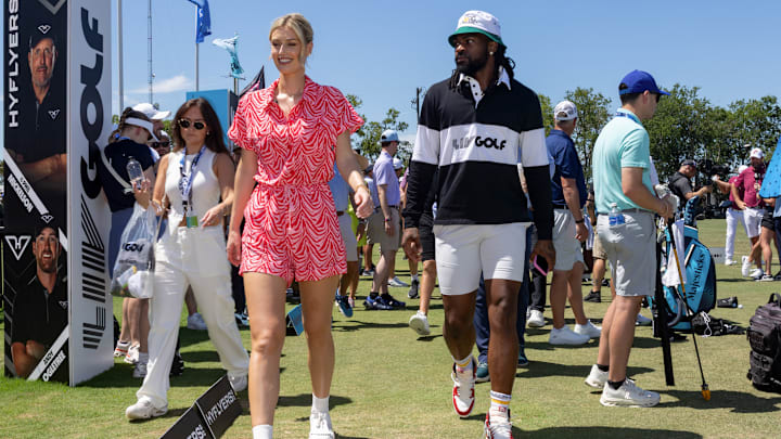 Dallas Cowboy Trevon Diggs and LIV Golf broadcast member, Annabel Angel, before the final round of LIV Golf Dallas at Maridoe Golf Club.