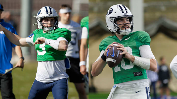 BYU quarterbacks McCae Hillstead (left) and Treyson Bourguet (right) at BYU Spring camp