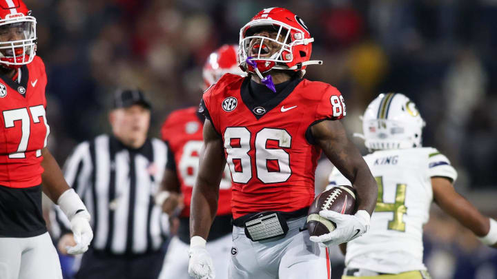 Nov 25, 2023; Atlanta, Georgia, USA; Georgia Bulldogs wide receiver Dillon Bell (86) reacts after a catch against the Georgia Tech Yellow Jackets in the second half at Bobby Dodd Stadium at Hyundai Field. Mandatory Credit: Brett Davis-USA TODAY Sports
