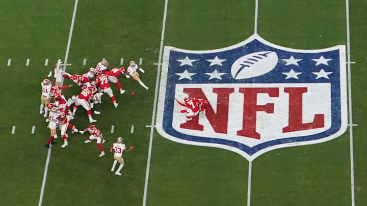 Feb 11, 2024; Paradise, Nevada, USA; Kansas City Chiefs place kicker Harrison Butker (7) kicks a