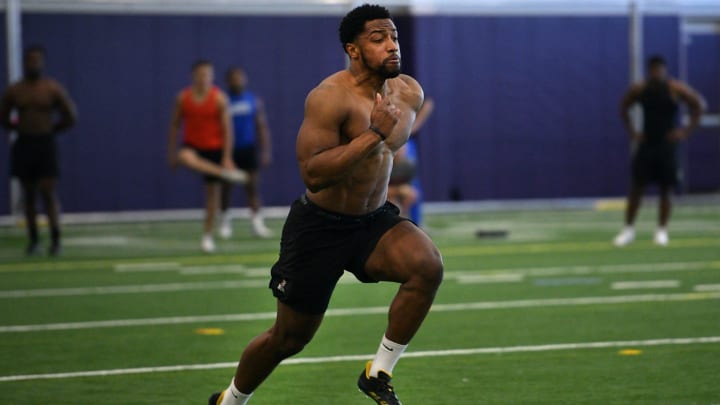 Holy Cross defensive lineman Benton Whitley runs the 40-yard on Tuesday as part of the Pro Day for the NFL Draft. Holy Cross defensive lineman Benton Whitley runs the 40-yard on Tuesday as part of the Pro Day for the NFL Draft.