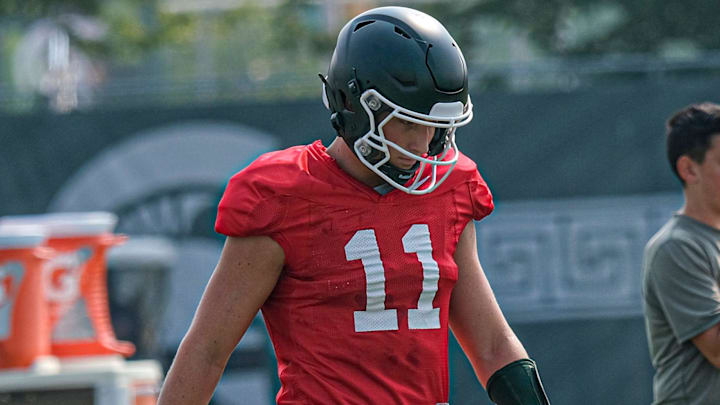 Michigan State quarterback Alessio Milivojevic (11) at a practice with pads Tuesday, Aug. 5, 2025. Michigan State quarterback Alessio Milivojevic (11) at a practice with pads Tuesday, Aug. 5, 2025.