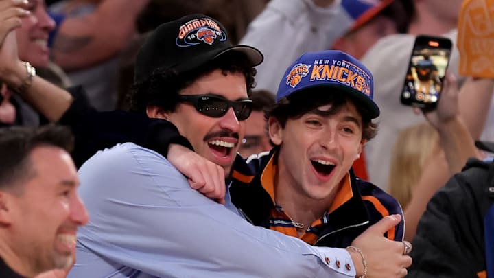 Chalamet celebrates with Bad Bunny during the fourth quarter of game six between the New York Knicks and the Boston Celtics at Madison Square Garden.