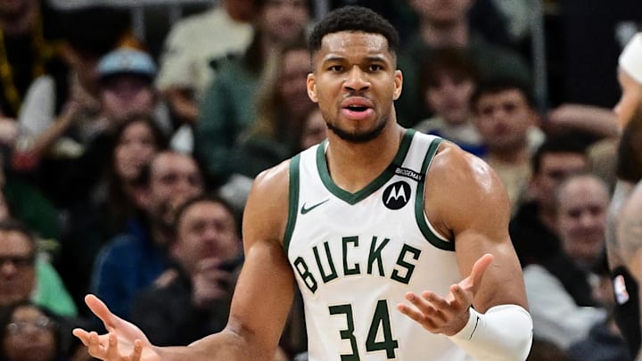 Mar 13, 2025; Milwaukee, Wisconsin, USA; Milwaukee Bucks forward Giannis Antetokounmpo (34) reacts in the third quarter against the Los Angeles Lakers at Fiserv Forum. Mandatory Credit: Benny Sieu-Imagn Images Mar 13, 2025; Milwaukee, Wisconsin, USA; Milwaukee Bucks forward Giannis Antetokounmpo (34) reacts in the third quarter against the Los Angeles Lakers at Fiserv Forum. Mandatory Credit: Benny Sieu-Imagn Images