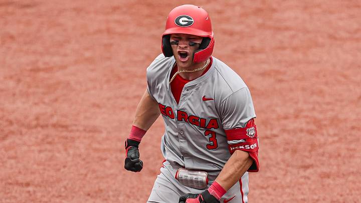 Jun 7, 2026; Athens, GA, USA; Georgia Bulldogs catcher Daniel Jackson (3) reacts after hitting a two run home run against the Mississippi State Bulldogs during the tenth inning at Foley Field. Mandatory Credit: Dale Zanine-Imagn Images