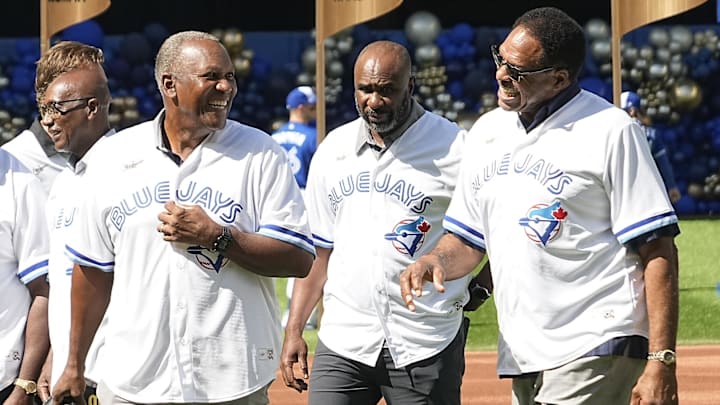 Aug 27, 2022; Toronto, Ontario, CAN; Toronto Blue Jays former players Joe Carter (left) and Dave Winfield (right) come off the field after a ceremony for the 1992 World Series champion Toronto Blue Jays Aug 27, 2022; Toronto, Ontario, CAN; Toronto Blue Jays former players Joe Carter (left) and Dave Winfield (right) come off the field after a ceremony for the 1992 World Series champion Toronto Blue Jays