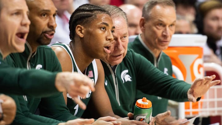 Michigan State Head Coach Tom Izzo talks with Jeremy Fears Jr. (1) during the Indiana versus Michigan State men's basketball game at Simon Skjodt Assembly Hall on Sunday, March 1, 2026. Michigan State Head Coach Tom Izzo talks with Jeremy Fears Jr. (1) during the Indiana versus Michigan State men's basketball game at Simon Skjodt Assembly Hall on Sunday, March 1, 2026.