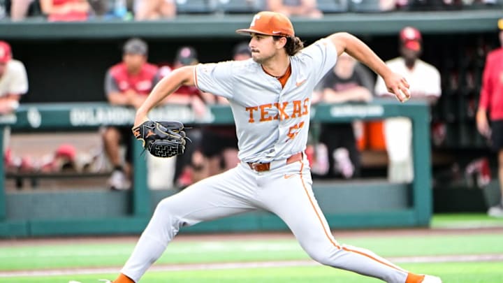 Texas Longhorns pitcher Luke Harrison delivers a pitch against the Oklahoma Sooners.