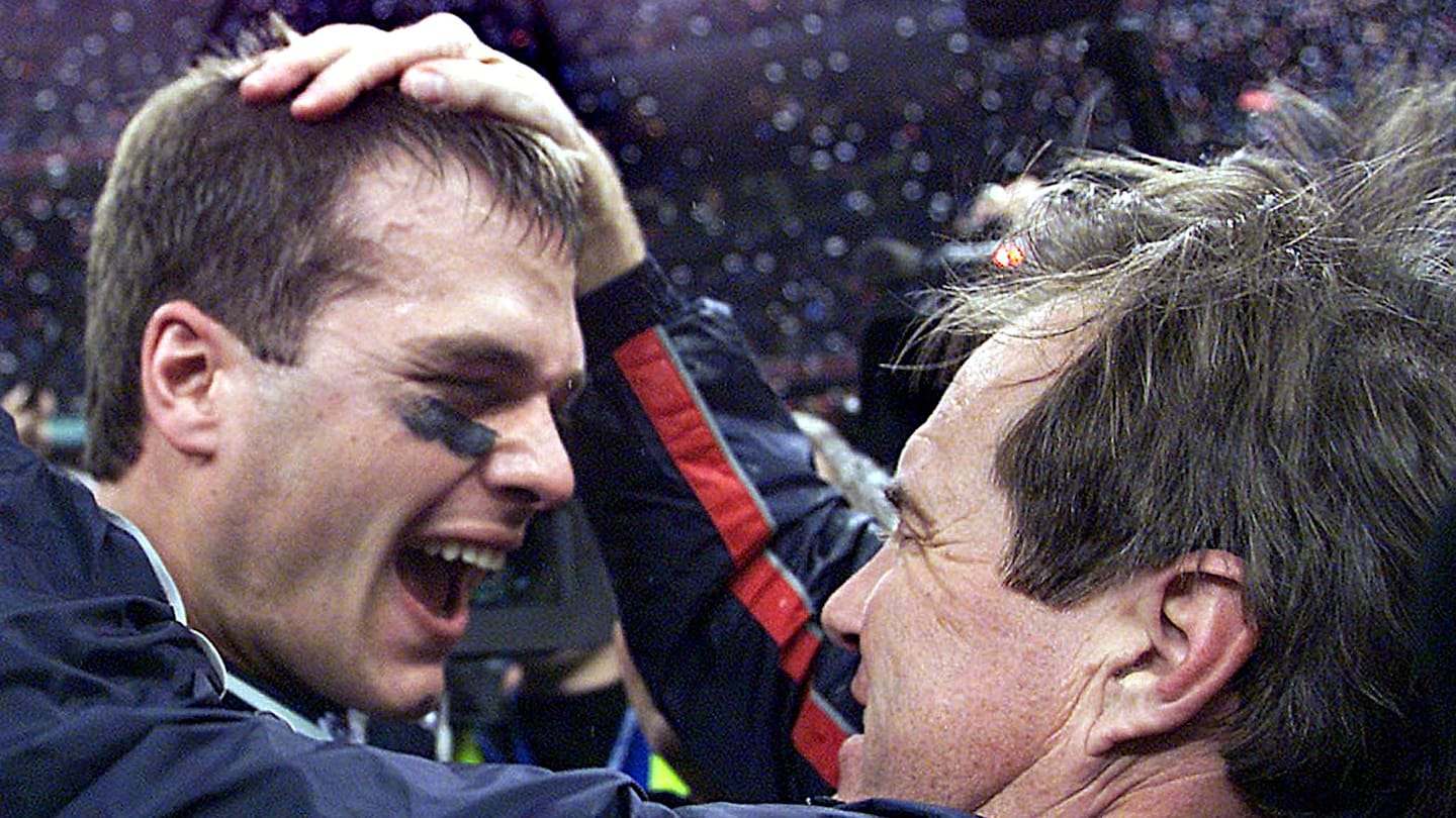 What year did Tom Brady win his first Super Bowl? The shoes Drake Maye is filling