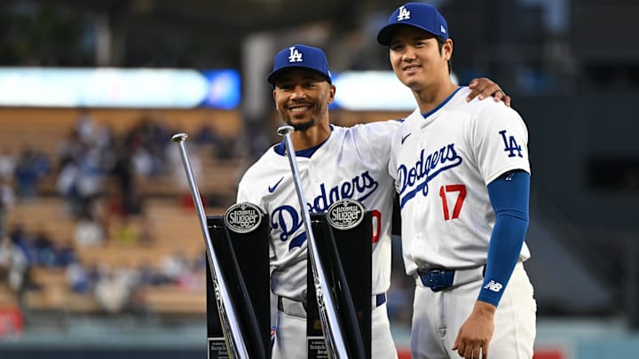 Mar 29, 2024; Los Angeles, California, USA; Los Angeles Dodgers second baseman Mookie Betts (50) and