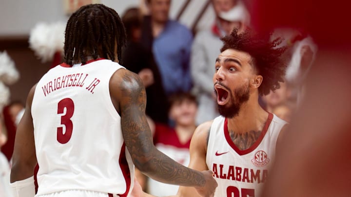 Feb 4, 2026; Tuscaloosa, AL, USA; Alabama guard Houston Mallette (95) reacts to a three point shot made by Alabama guard Latrell Wrightsell Jr. (3) during the game with Texas A&M at Coleman Coliseum. Mandatory Credit: Gary Cosby Jr.-Tuscaloosa News