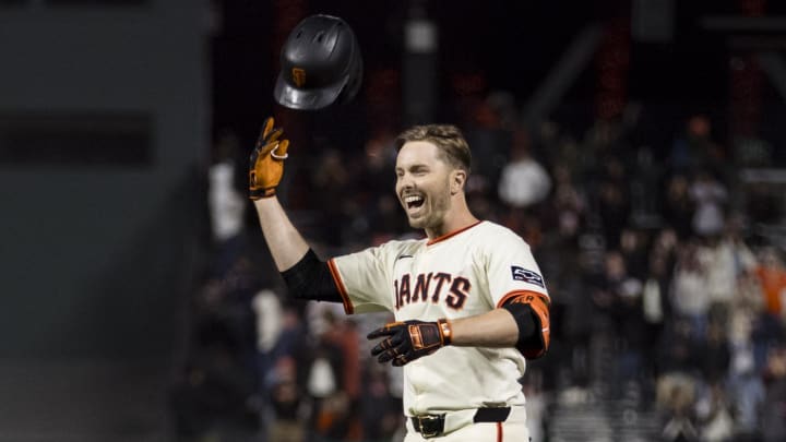 Jun 10, 2024; San Francisco, California, USA; San Francisco Giants pinch hitter Austin Slater (13) reacts after hitting a walk-off RBI single against the Houston Astros during the tenth inning at Oracle Park. Mandatory Credit: John Hefti-USA TODAY Sports
