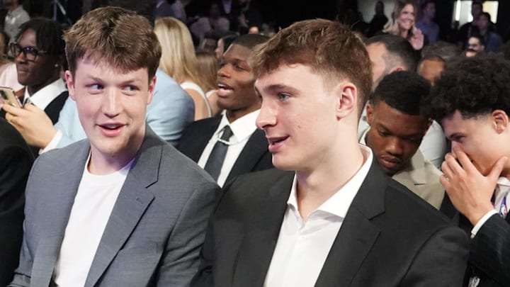 May 12, 2025; Chicago, Illinois, US; Duke players L-R Kon Knueppel and Cooper Flagg, during the 2025 NBA Draft Lottery at McCormick Place. Mandatory Credit: David Banks-Imagn Images