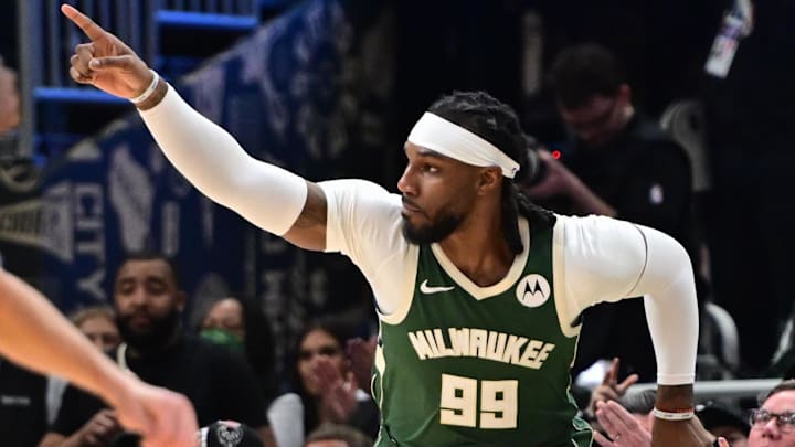 Apr 21, 2024; Milwaukee, Wisconsin, USA; Milwaukee Bucks forward Jae Crowder (99) reacts after scoring a basket in the third quarter against the Indiana Pacers during game one of the first round for the 2024 NBA playoffs at Fiserv Forum. Mandatory Credit: Benny Sieu-USA TODAY Sports