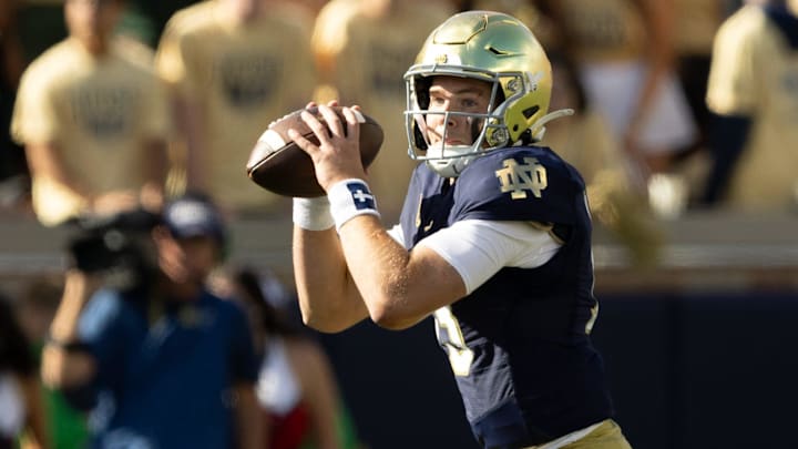 Notre Dame quarterback Riley Leonard looks for an open receiver during a NCAA college football game between Notre Dame and Northern Illinois at Notre Dame Stadium on Saturday, Sept. 7, 2024, in South Bend. Notre Dame quarterback Riley Leonard looks for an open receiver during a NCAA college football game between Notre Dame and Northern Illinois at Notre Dame Stadium on Saturday, Sept. 7, 2024, in South Bend.