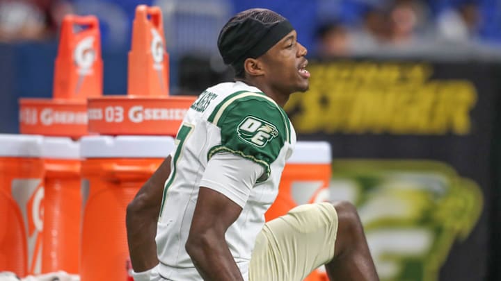 DeSoto's Ethan Feaster warms up after halftime during Friday's game at the Alamodome on Sept. 13, 2024, in San Antonio, Texas.