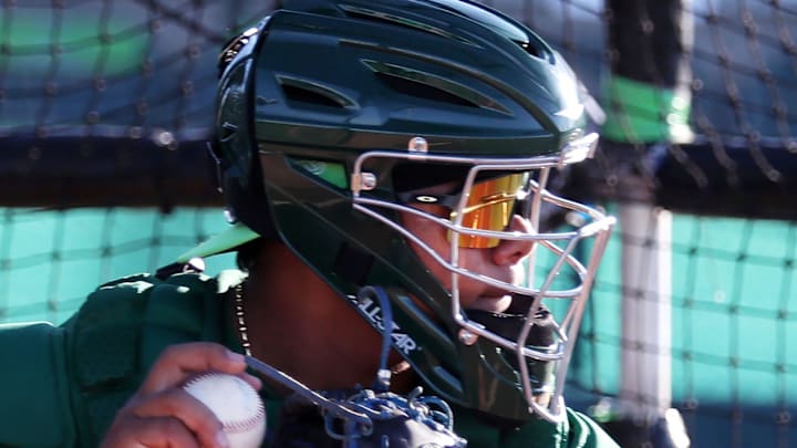 Daytona Tortugas catcher Alfredo Duno (16) prepares to throw to second base during practice, Thursday, April 4, 2024, at Jackie Robinson Ballpark.