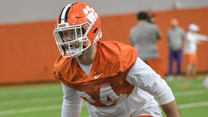 Clemson safety Tyler Venables (24) during the first day of Spring practice at the Poe Indoor Practice Facility at the Allen N. Reeves football complex in Clemson S.C. Wednesday, February 28, 2024.